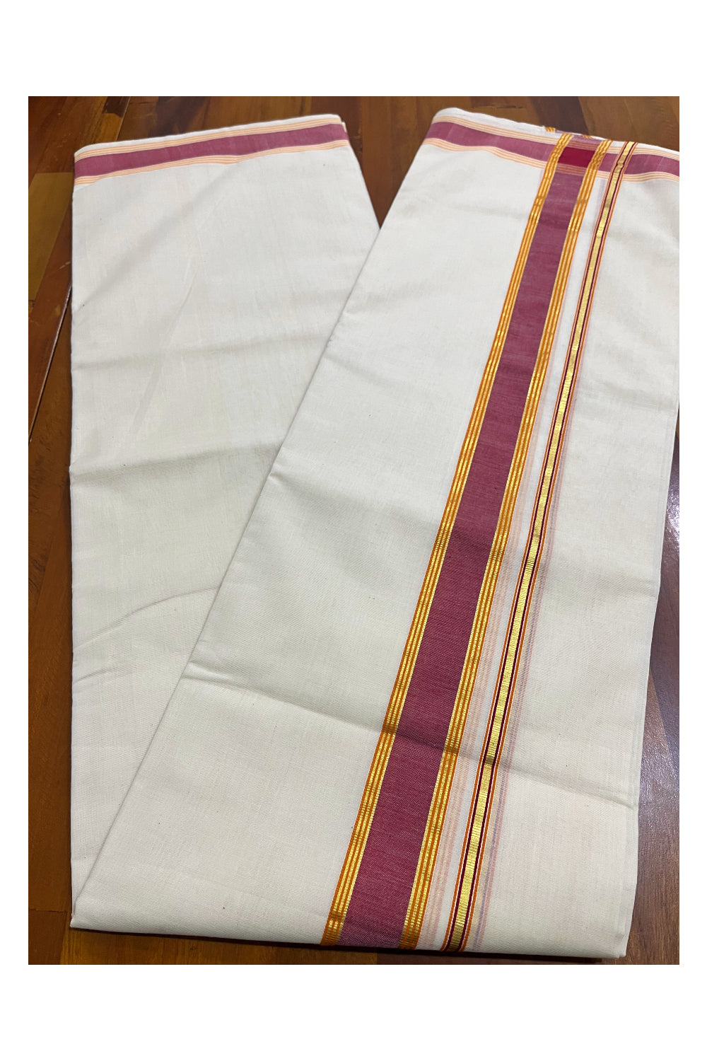 Premium Balaramapuram Handloom Unakkupaavu Cotton Double Mundu with Red Orange and Kasavu Border (Vishu 2024 Collection)