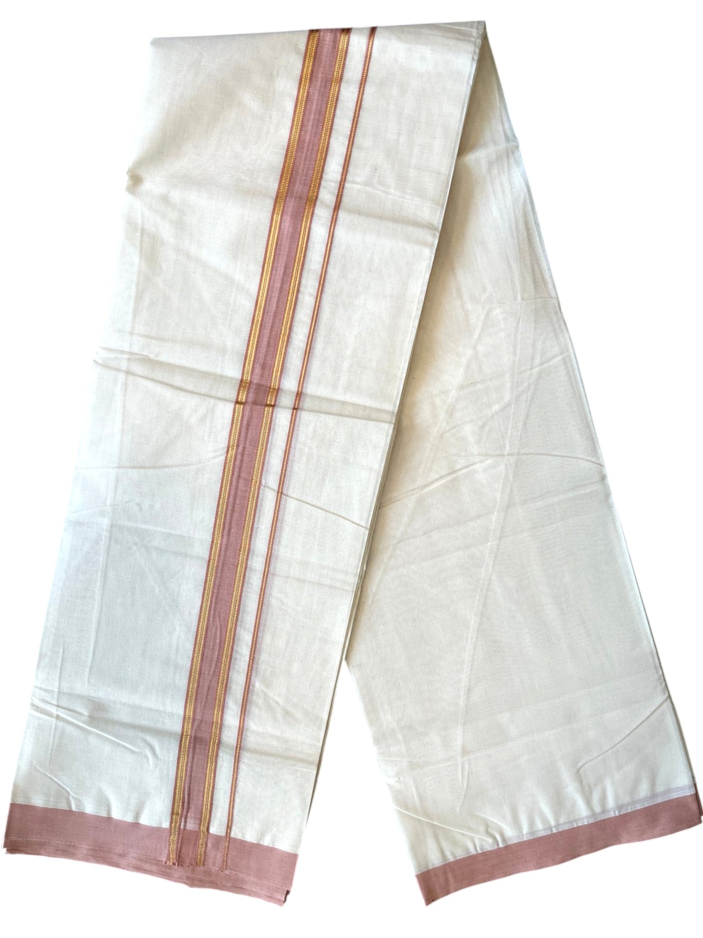 Southloom Pure Cotton Mundu with Golden Lines and Peach Border (South Indian Kerala Dhoti)