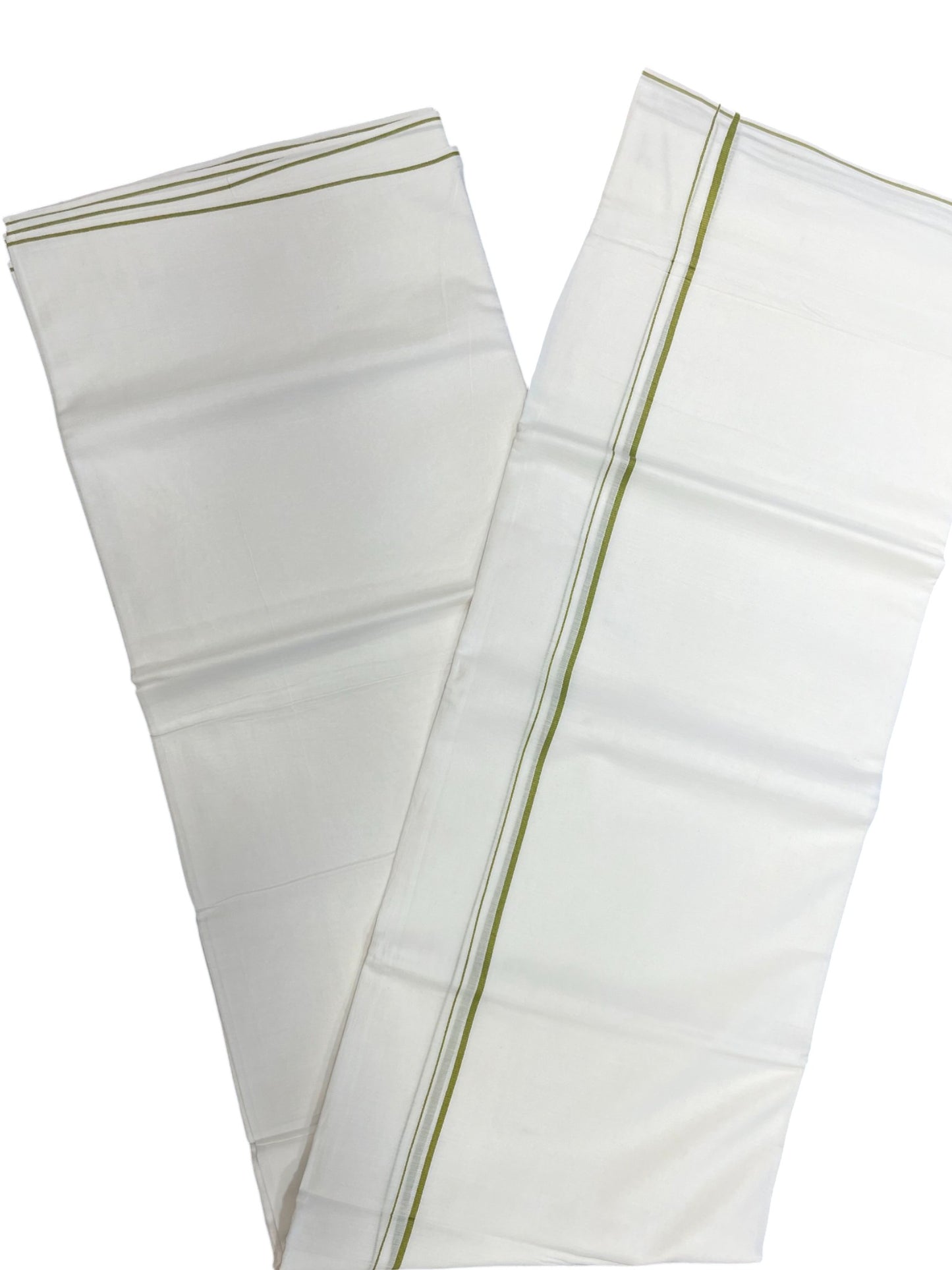Pure White Cotton Double Mundu with  Green PuliyilaKara (South Indian Dhoti)