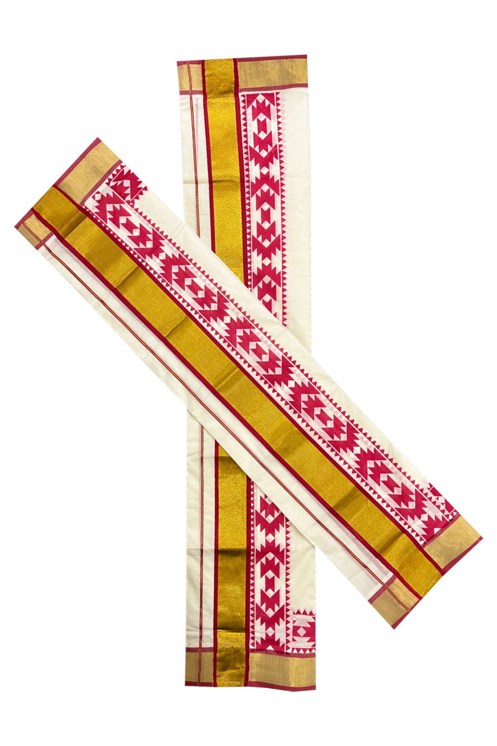 Pure Cotton Kerala Single Set Mundu (Mundum Neriyathum) with Red Block Printed Kasavu Border