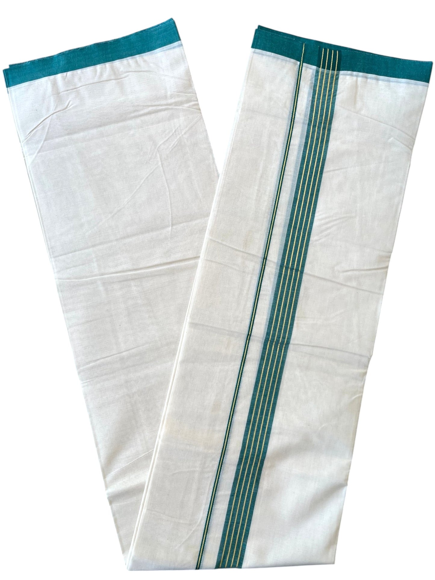 Southloom Pure Cotton Mundu with Golden Lines and Peacock Green Border (South Indian Kerala Dhoti)