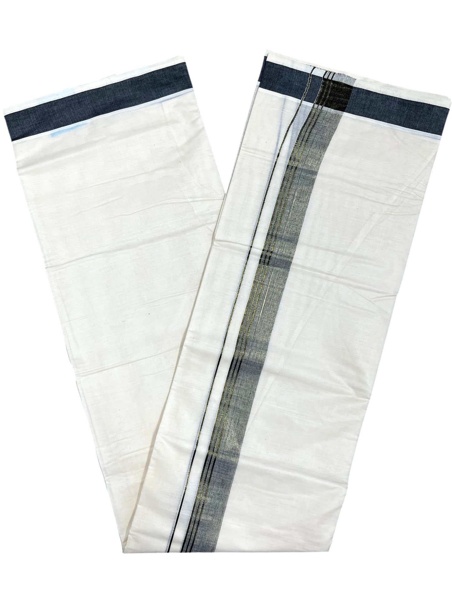 Southloom Kerala Pure Cotton Double Mundu with Black and Olive Green Border (South Indian Dhoti)