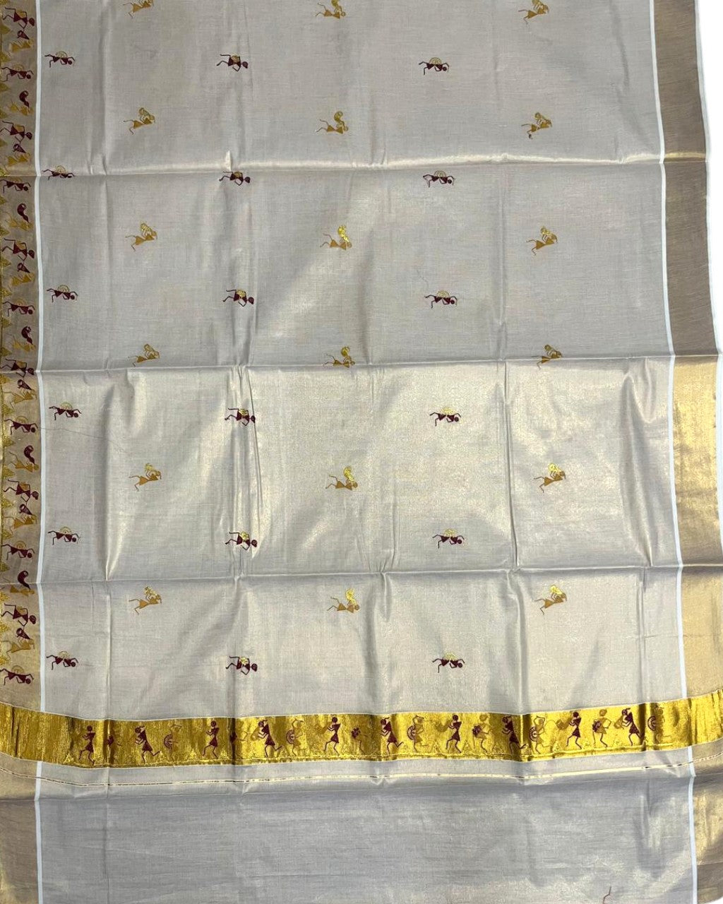 Southloom Kerala Tissue Kasavu Saree with Tribal Folk Art Embroidery Work on Body