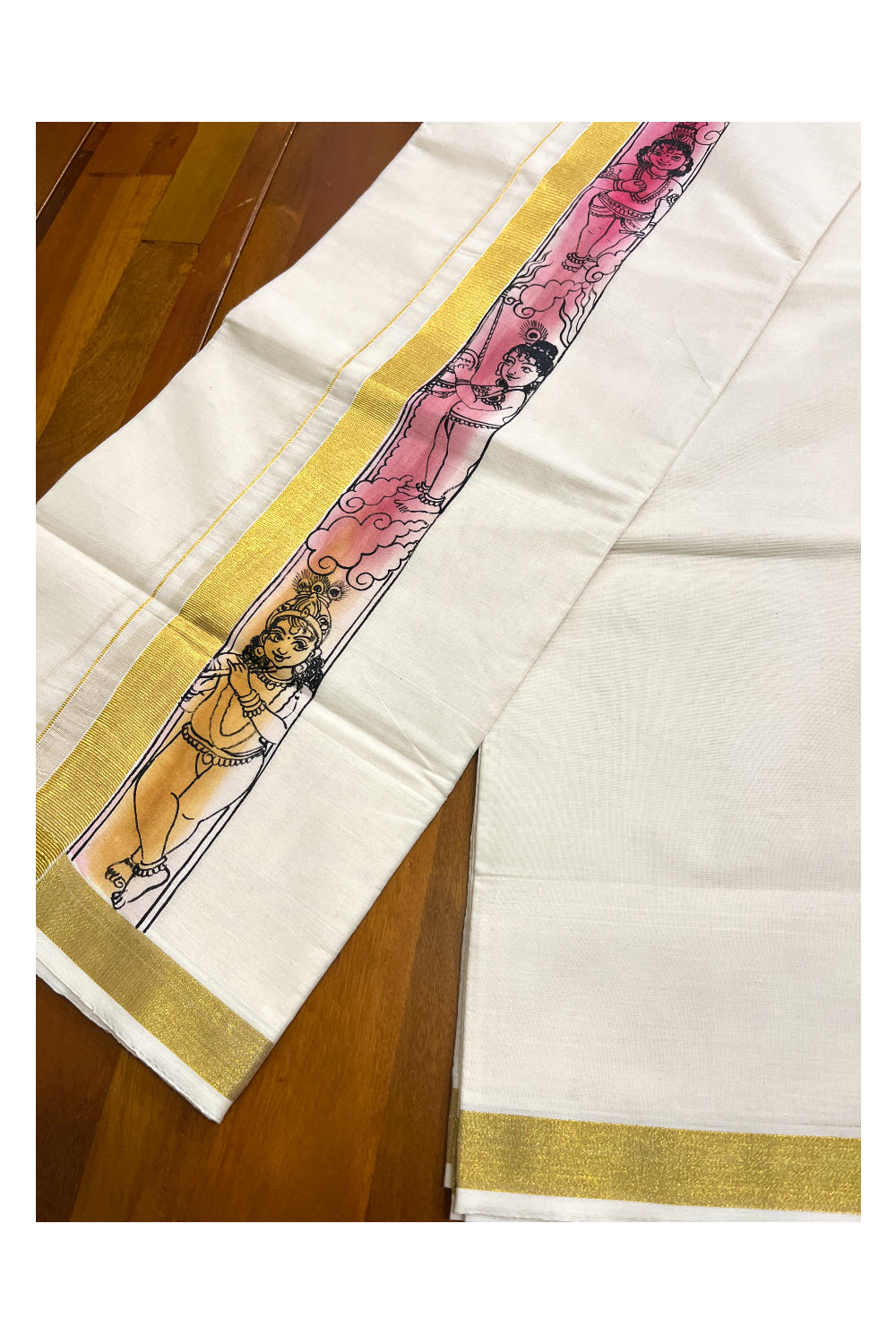 Kerala Pure Cotton Double Mundu with Mural Hand Painted Design on Kasavu Border (South Indian Kerala Dhoti)