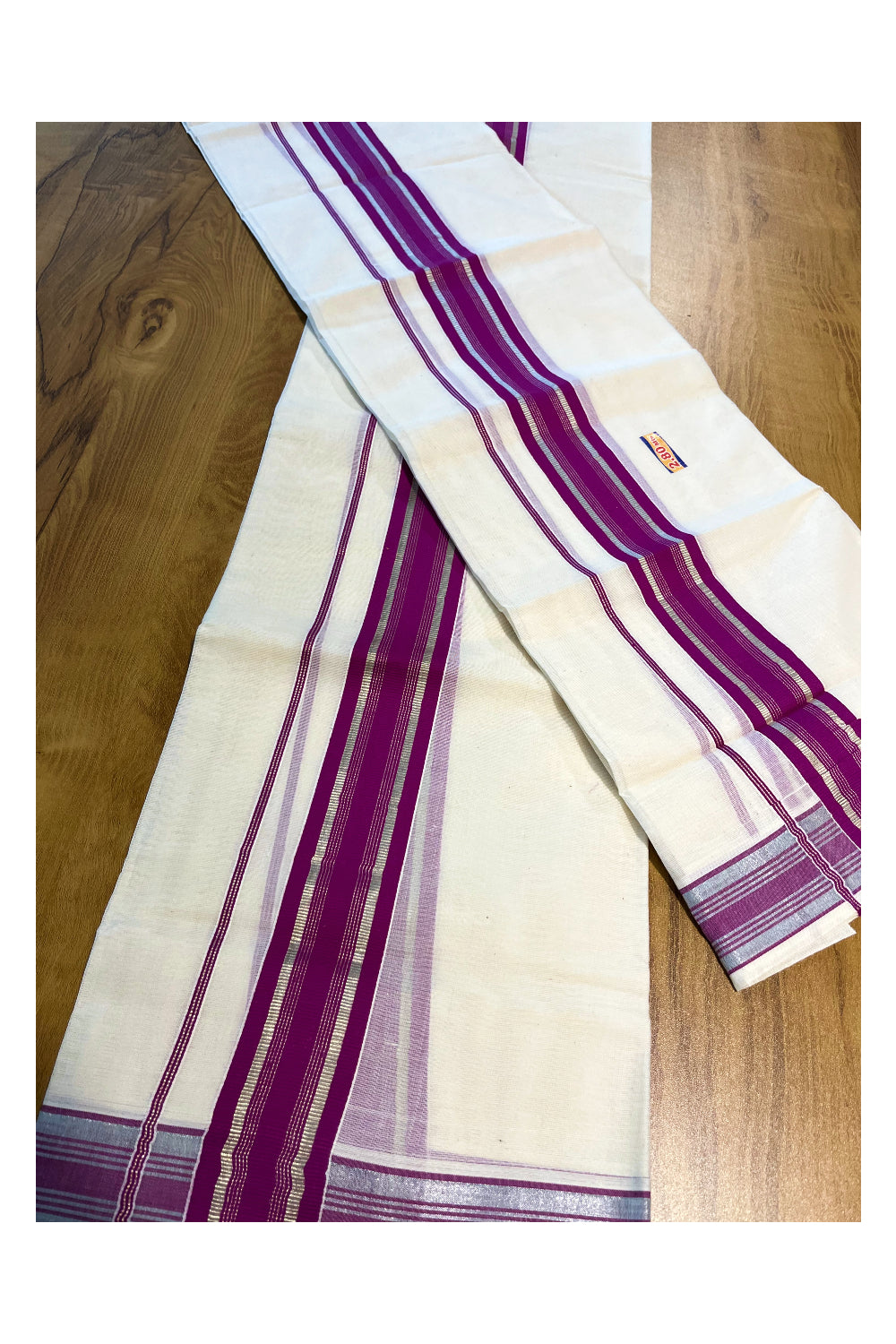 Kerala Cotton Set Mundu (Mundum Neriyathum) with Silver Kasavu and Magenta Border 2.80 Mtrs