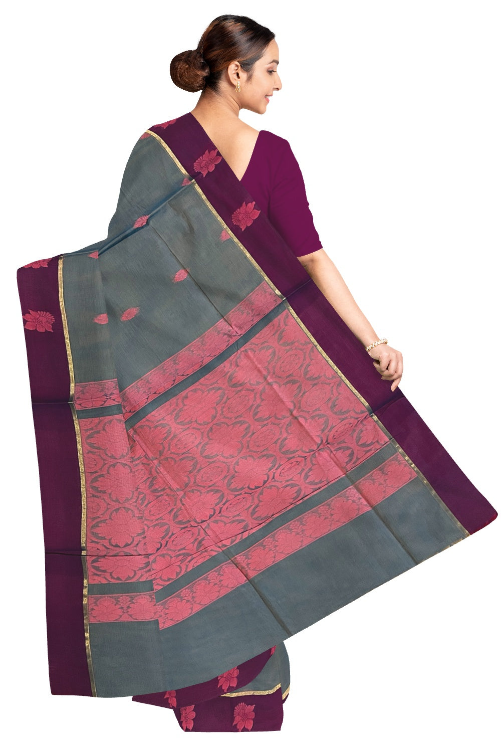 Southloom Cotton Blue Saree with Magenta Floral Woven Border