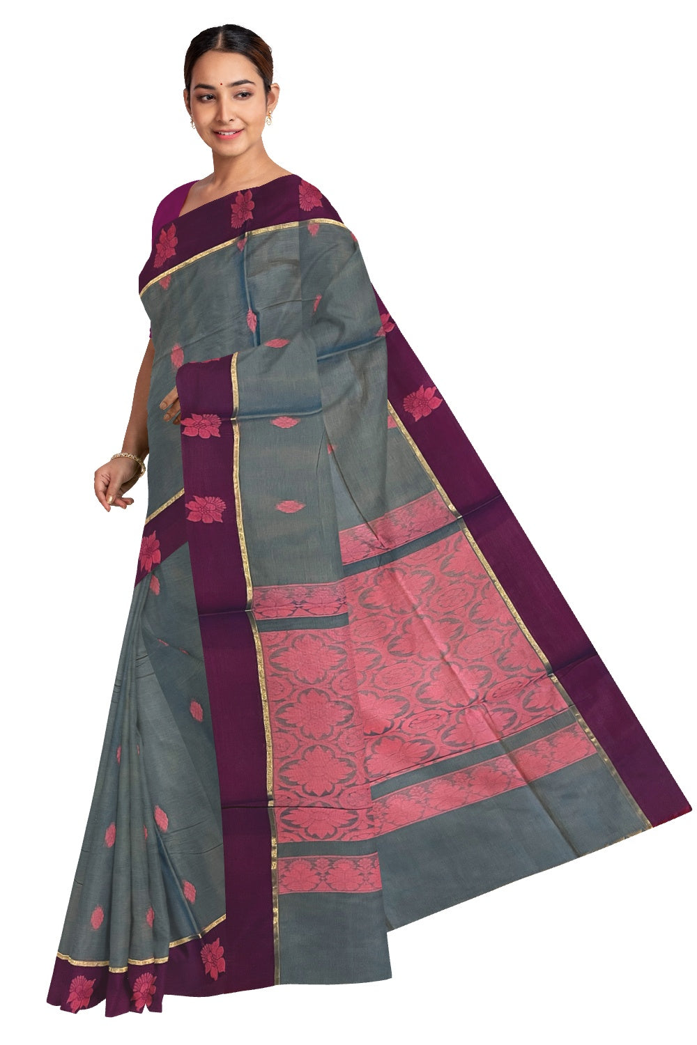 Southloom Cotton Blue Saree with Magenta Floral Woven Border