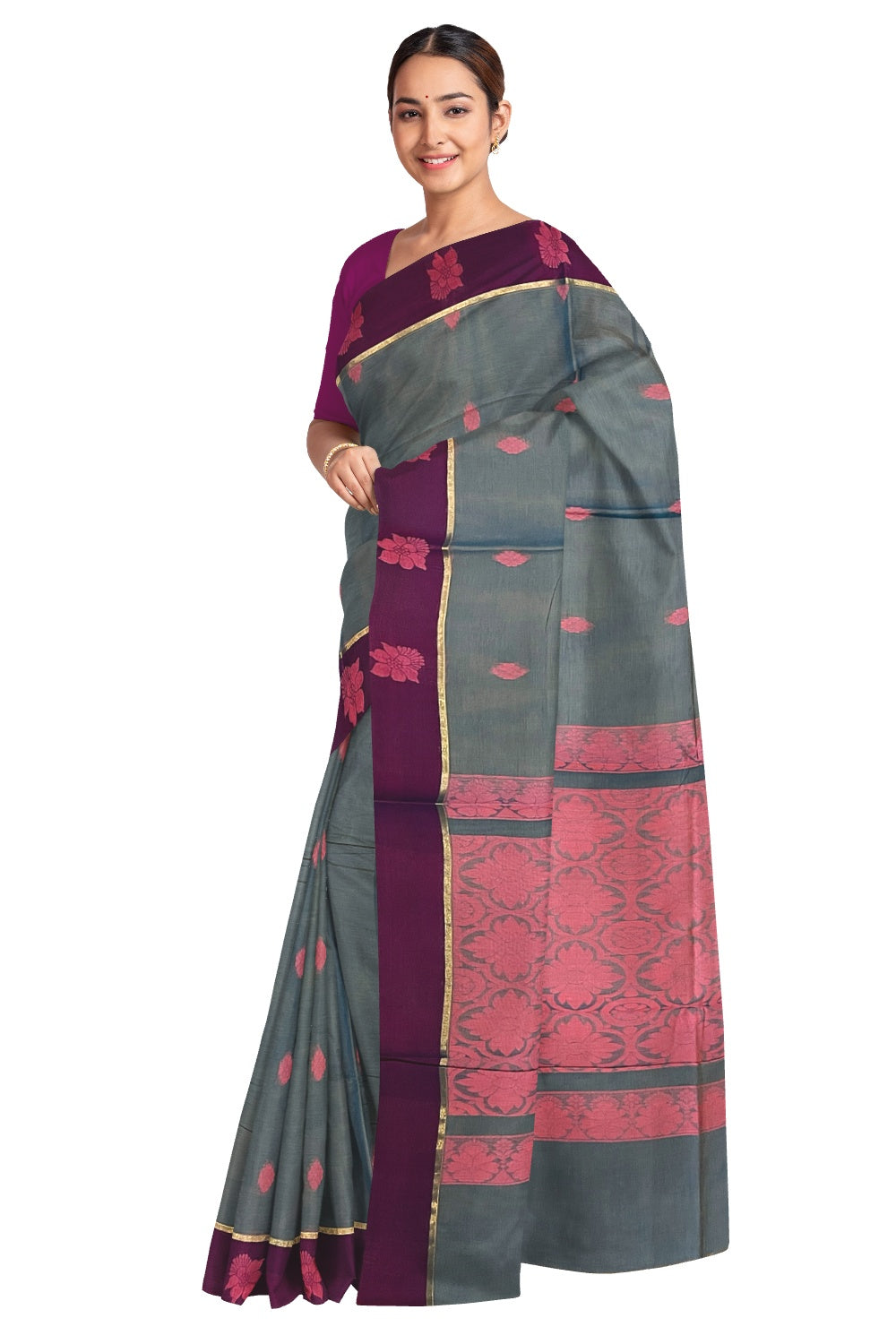 Southloom Cotton Blue Saree with Magenta Floral Woven Border