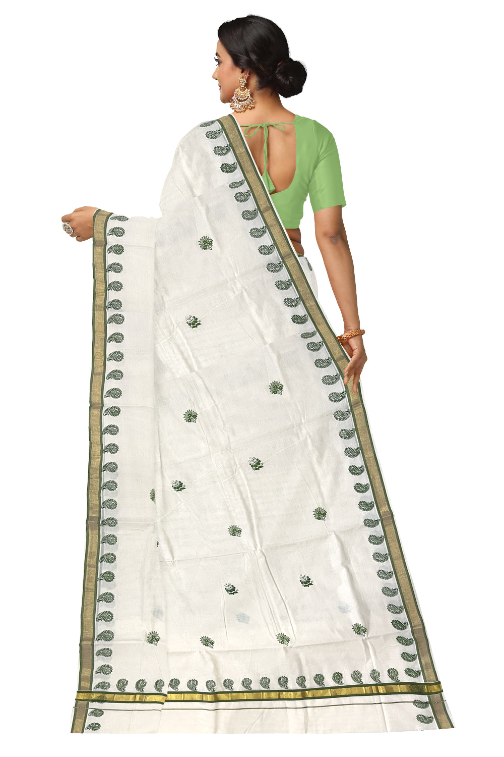 Pure Cotton Kerala Kasavu Saree with Green Floral Block Printed Design