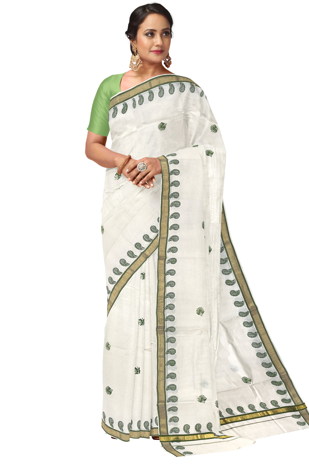 Pure Cotton Kerala Kasavu Saree with Green Floral Block Printed Design