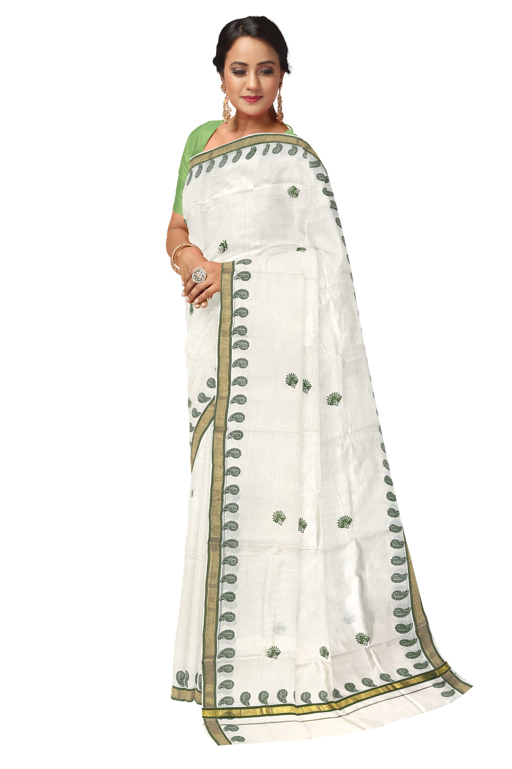 Pure Cotton Kerala Kasavu Saree with Green Floral Block Printed Design