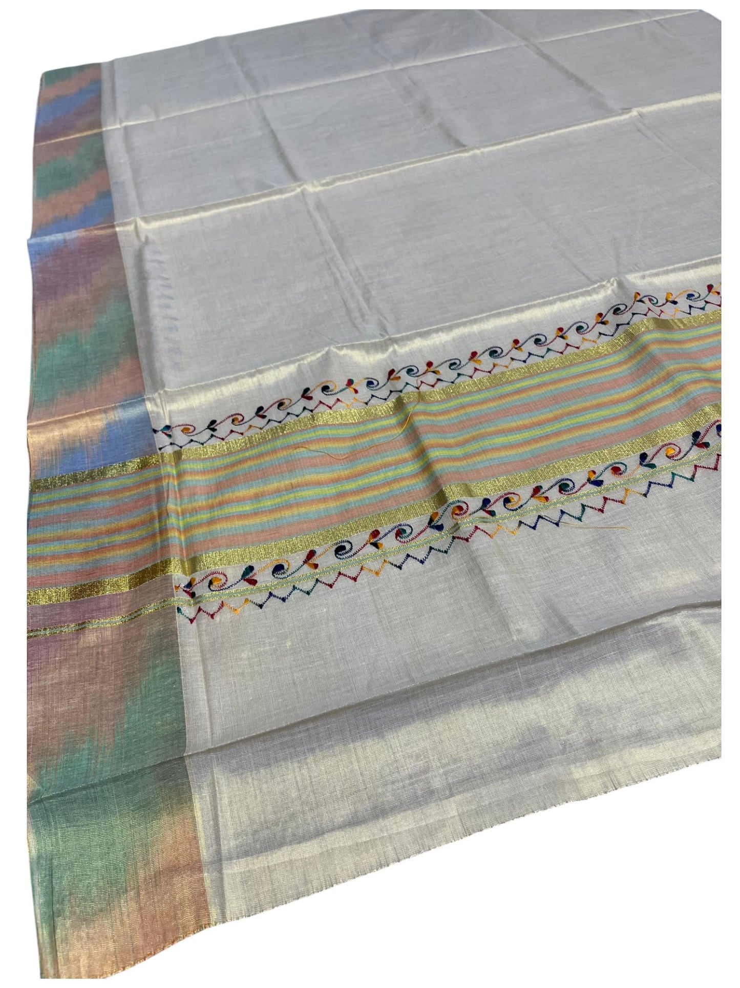 Southloom Kerala Tissue Kasavu Saree with Multi Colour Pochampally Design on Borders and Kara
