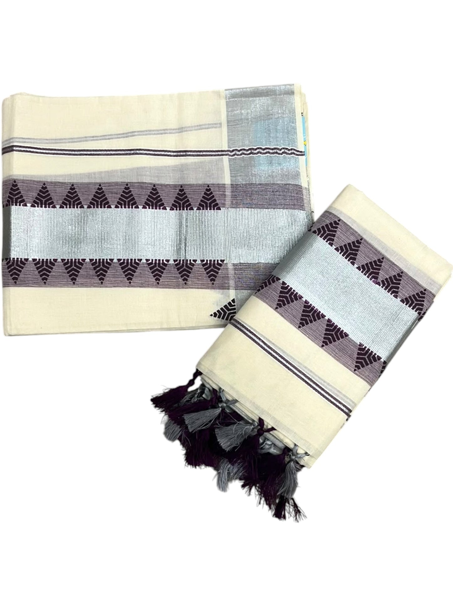 Cotton Single Set Mundu (Mundu Neriyathum) Silver Temple Design Works And Purple Border Kasavu in 2.80 Mtrs With Tussles