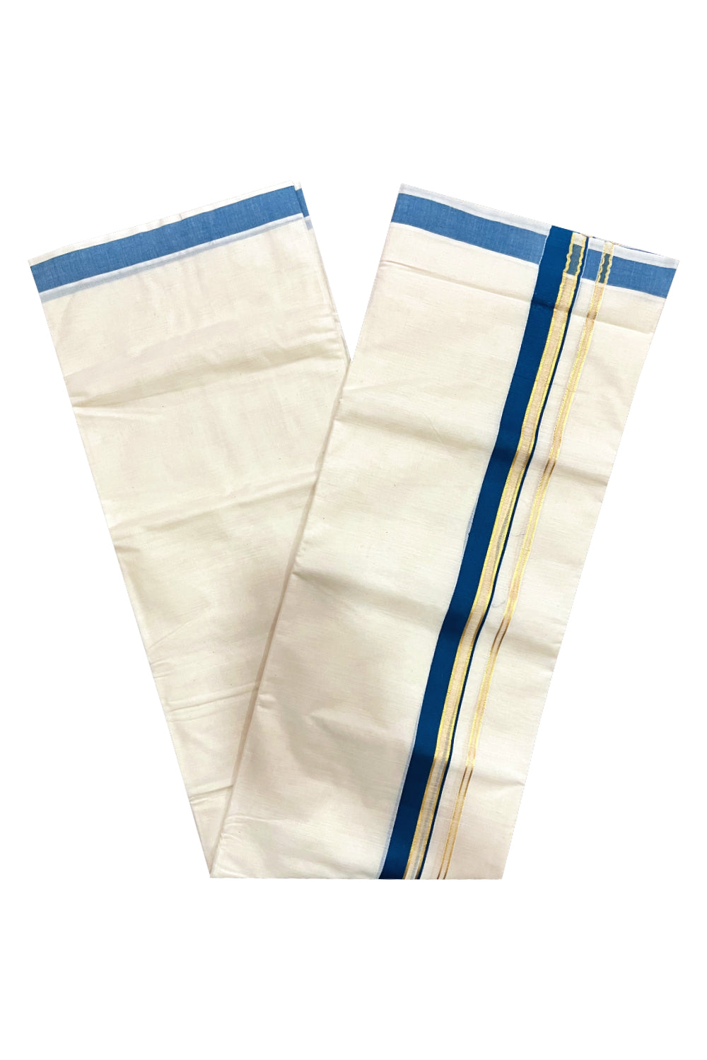 Kerala Pure Cotton Double Mundu with Teal Blue and Kasavu Border (South Indian Kerala Dhoti)