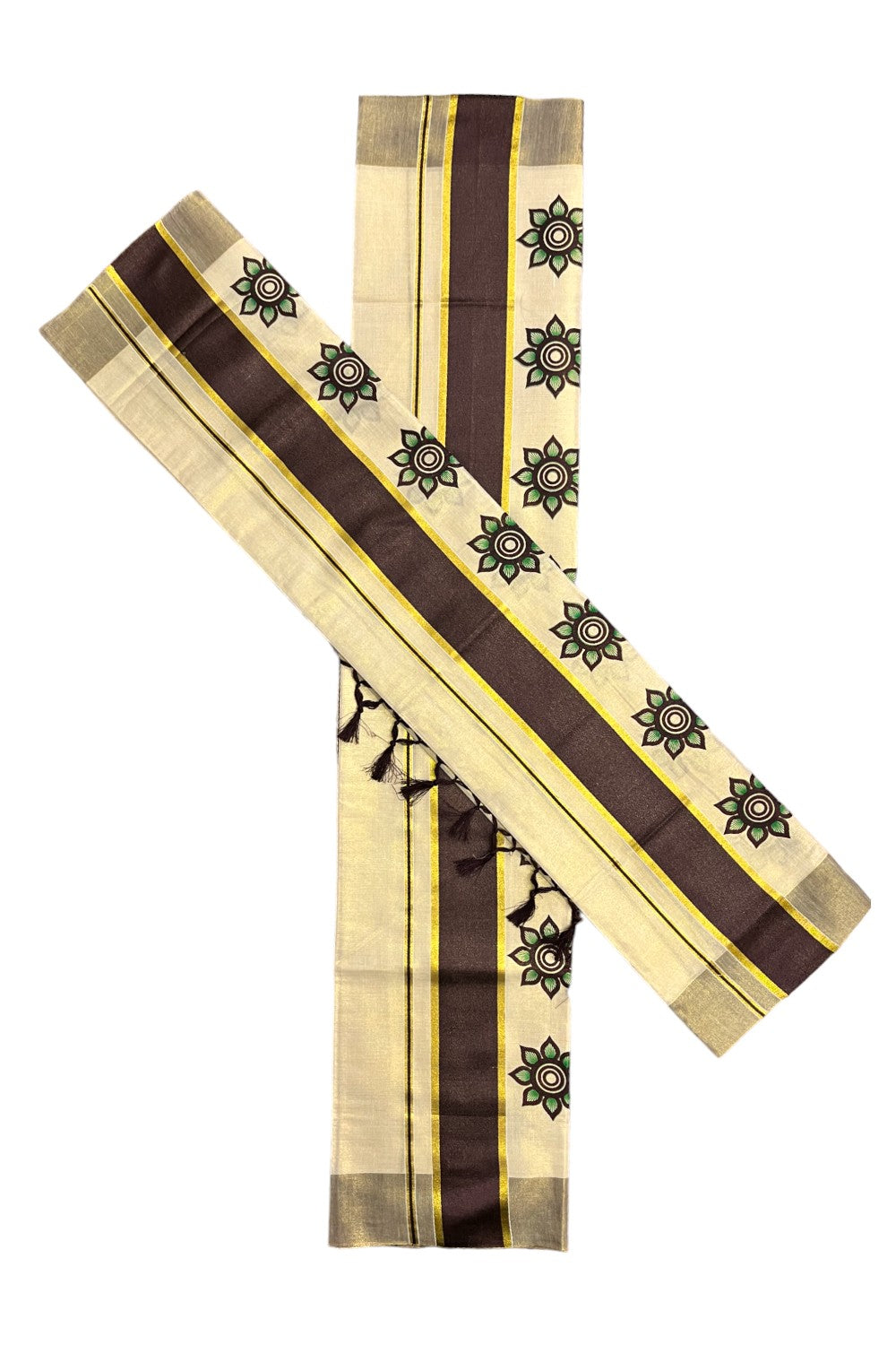 Kerala Tissue Single Set Mundu (Mundum Neriyathum) with Theyyam Block Prints and Black Border (Vishu 2024 Collection)