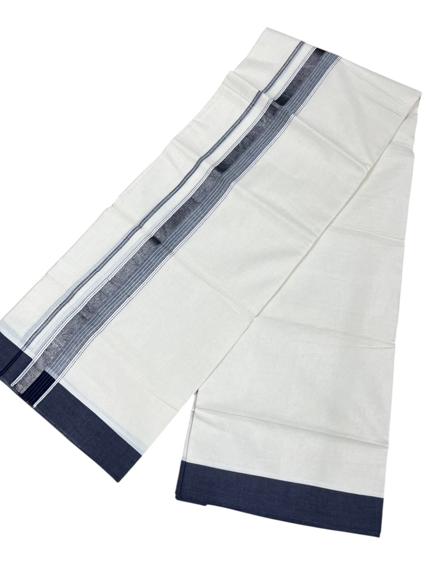 Southloom Kerala Pure Cotton Double Mundu with Silver Lines and Blue and Grey Border with (South Indian Dhoti)