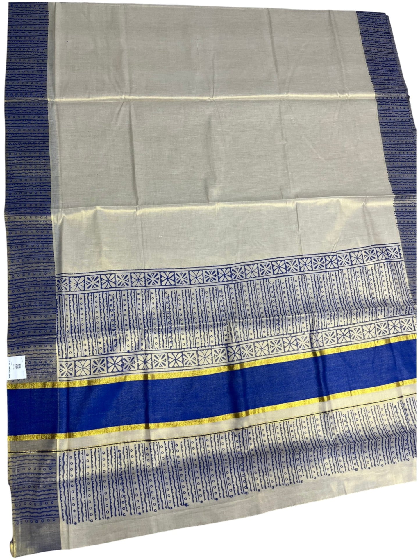 Southloom Tissue Kerala Kasavu Saree with Block Print on Body and Borders in Blue