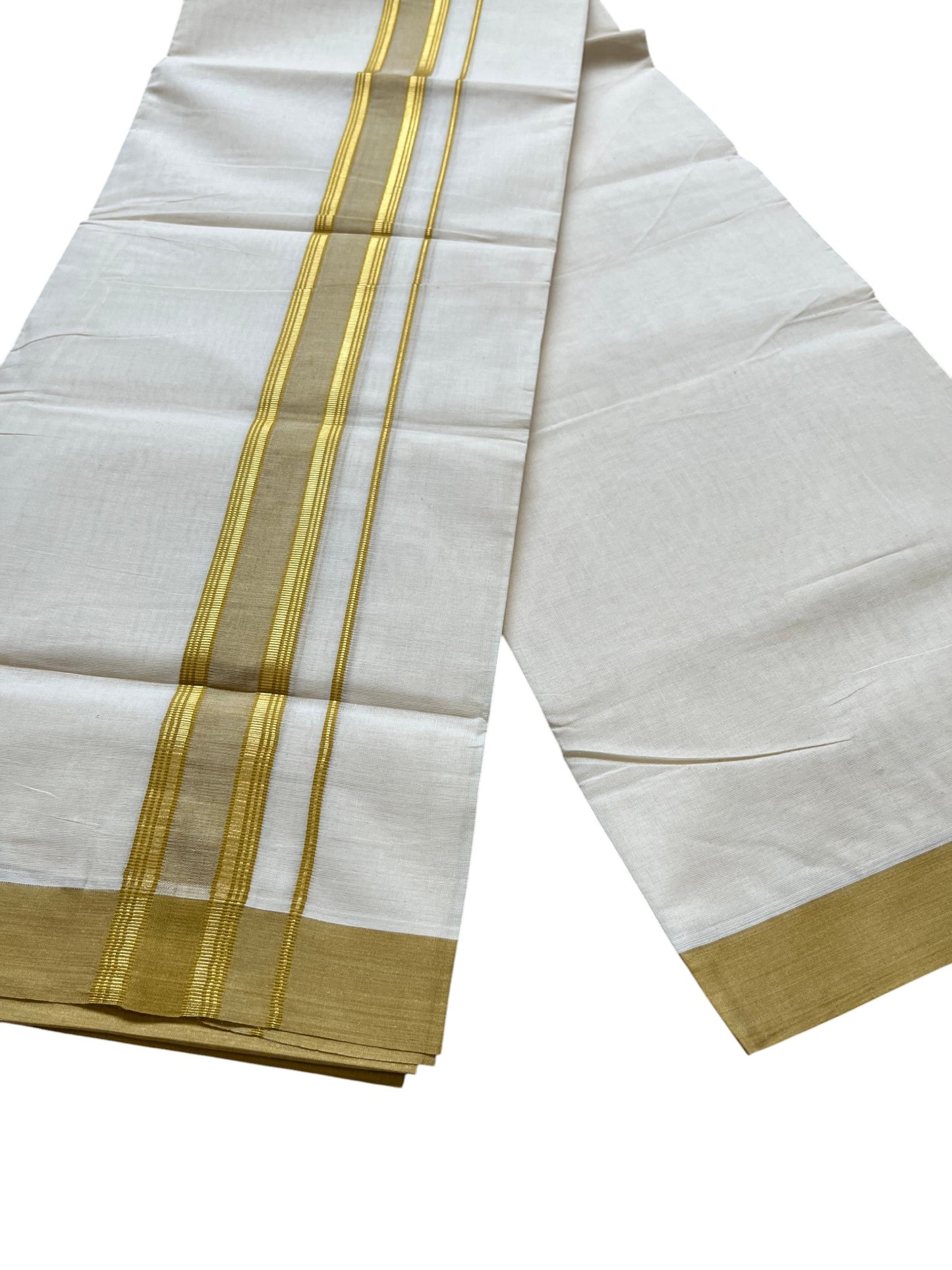 Southloom Pure Cotton Mundu with Golden Lines and Olive Green Border (South Indian Kerala Dhoti)