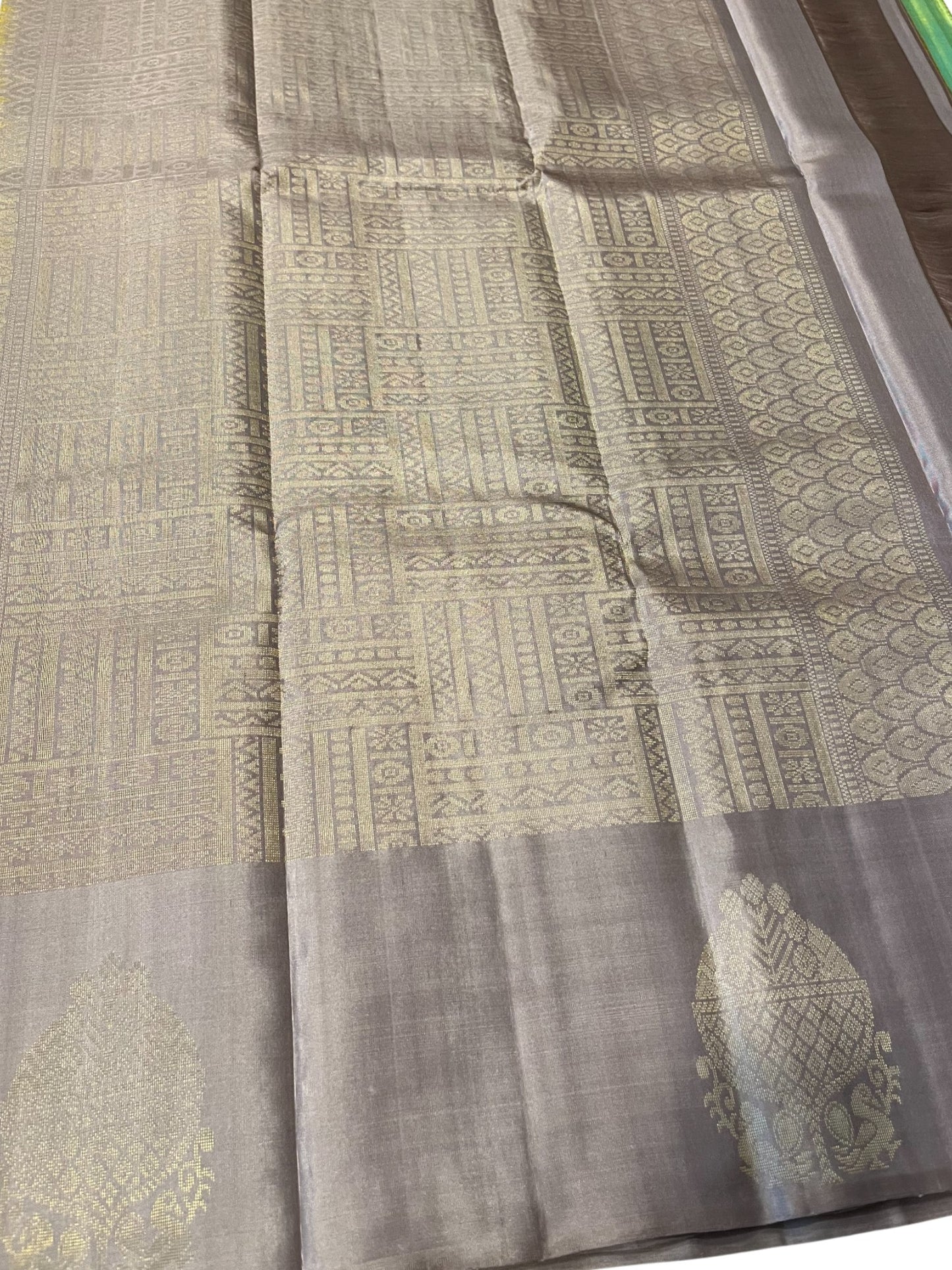 Southloom Pure Handloom Bridal Kanchipuram Silk Saree with Korvai Work (Green & Grey)