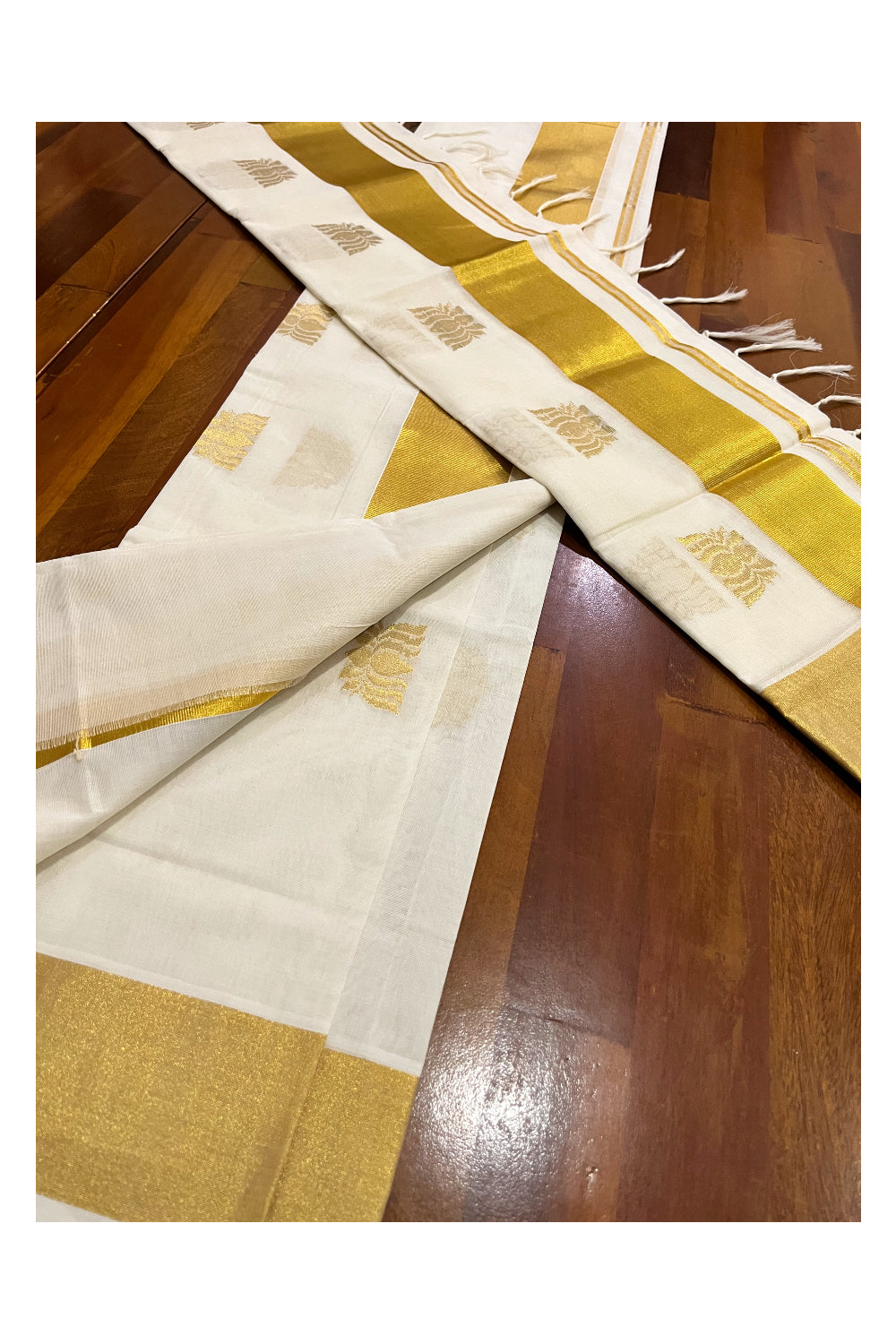 Southloom Handloom Premium Pure Cotton Kasavu Set Mundu (Mundum Neriyathum) with Lotus Woven Designs