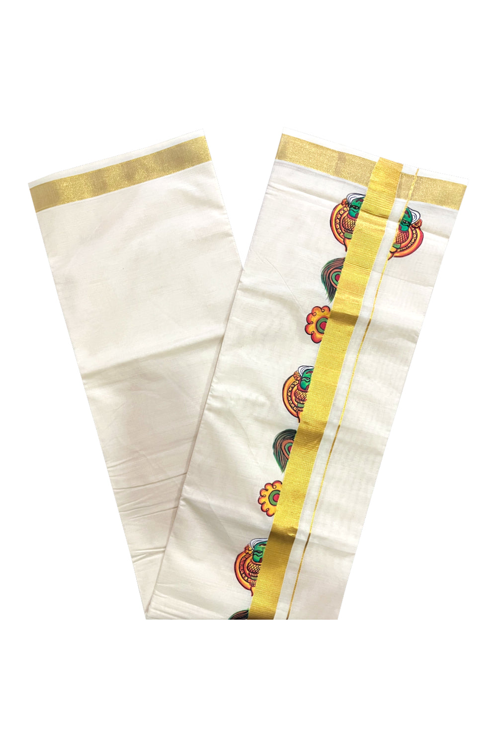 Off White Kerala Cotton Double Mundu with Kathakali Mural Hand Painted Designs on Kasavu Border (South Indian Kerala Dhoti)