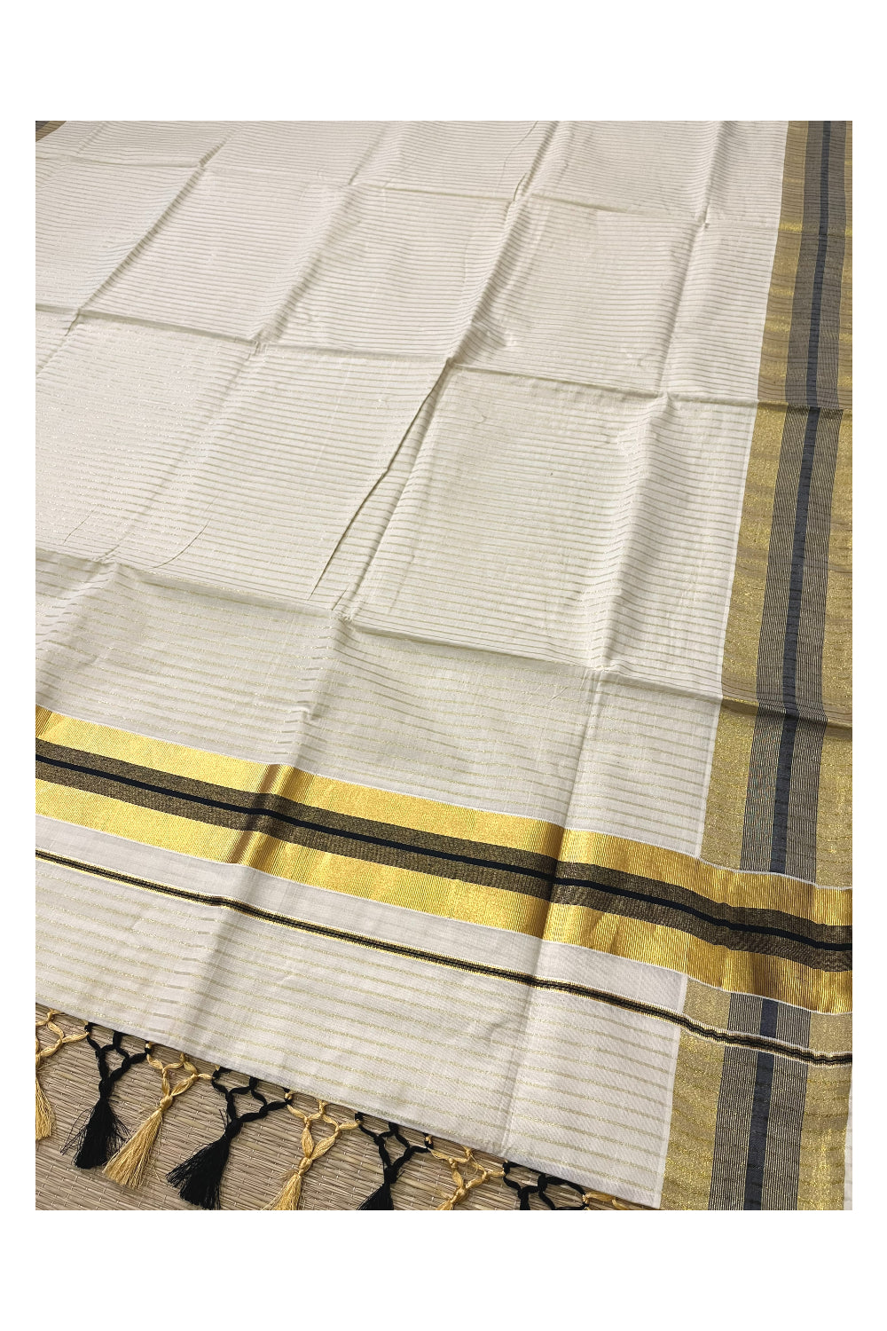 Pure Cotton Kerala Kasavu Lines Design Saree with Black Border and Tassels Work (Onam Saree 2023)