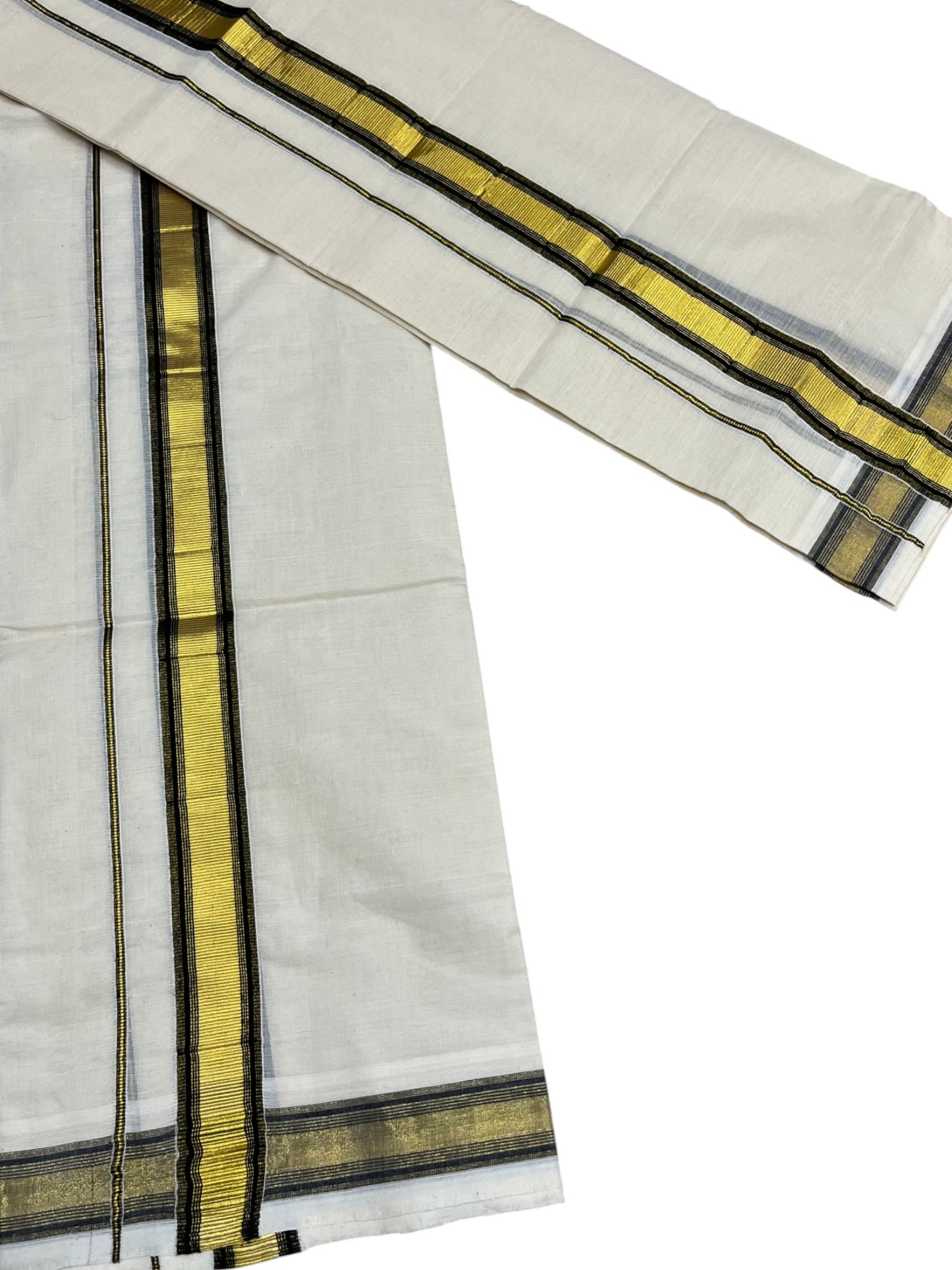 Kerala Cotton Set Mundu (Mundum Neriyathum) with Kasavu and Black & Orange Lines Border 2.80 Mtrs SLKK SL470