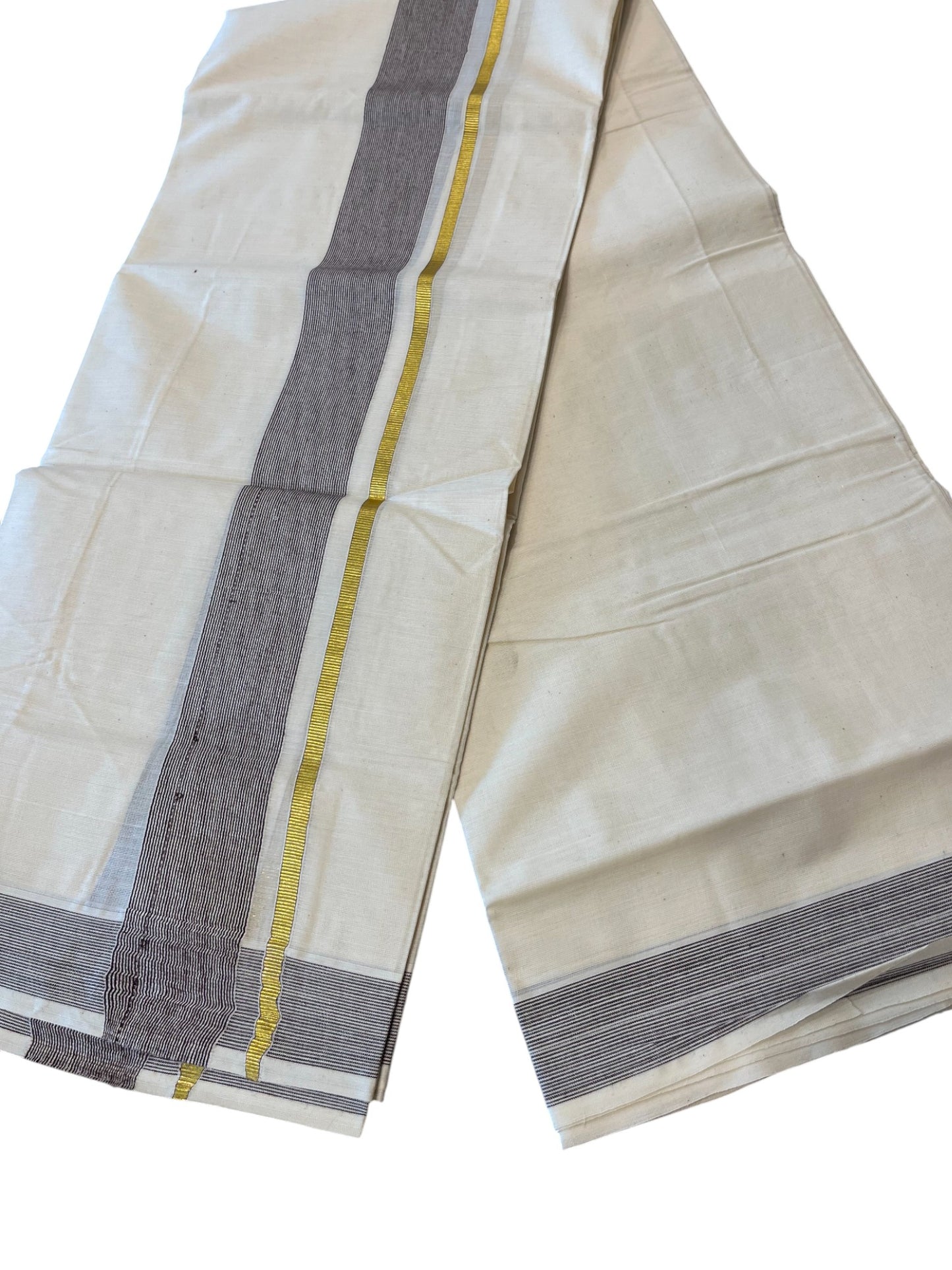 Southloom Kerala Pure Cotton Double Mundu with Gold Lines & Brown Border (South Indian Dhoti)