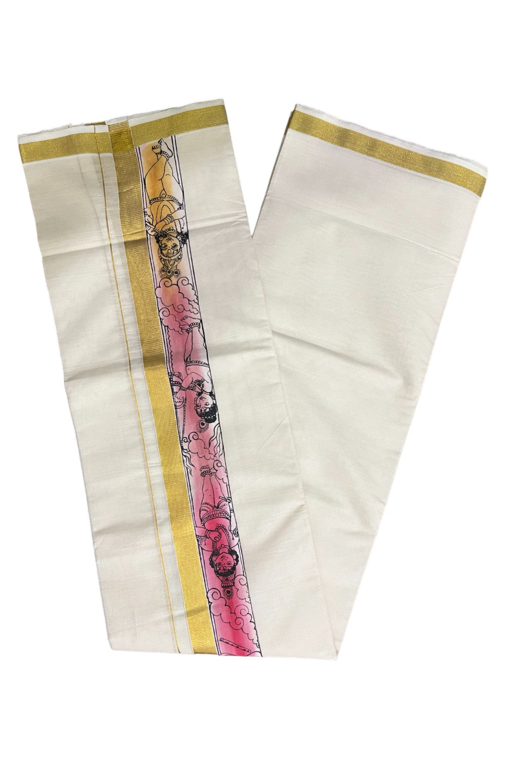 Kerala Pure Cotton Double Mundu with Mural Hand Painted Design on Kasavu Border (South Indian Kerala Dhoti)