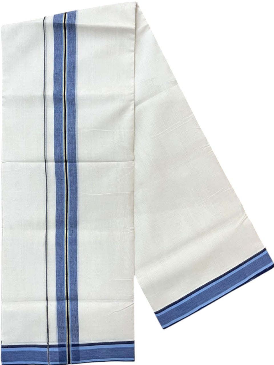 Southloom Balaramapuram Unakkupaavu Premium Handloom Cotton Double Mundu with Gold Kasavu and Blue Border