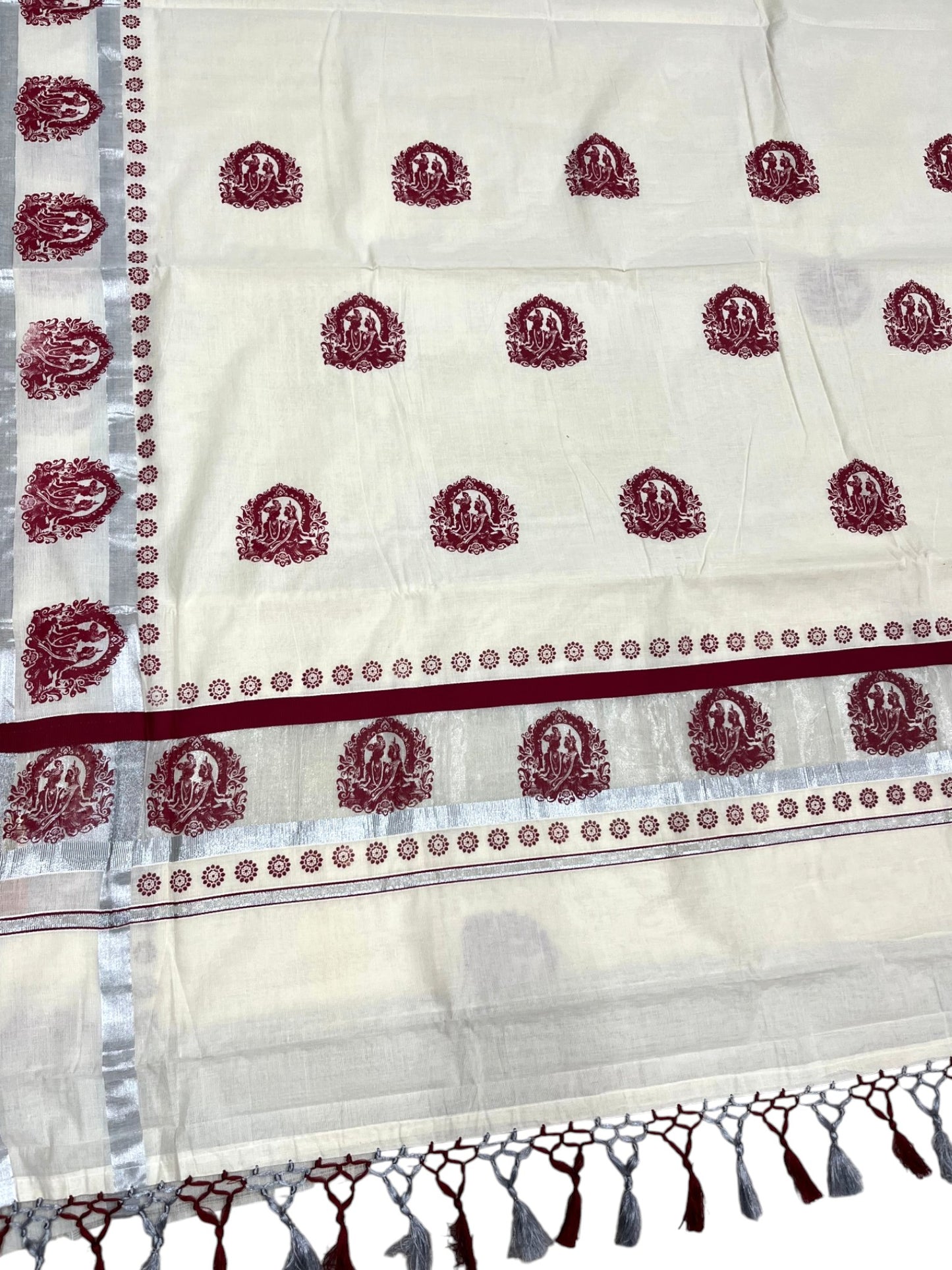 Southloom Kerala Pure Cotton Silver Kasavu Saree with Maroon Mural Printed Design and Printed Border