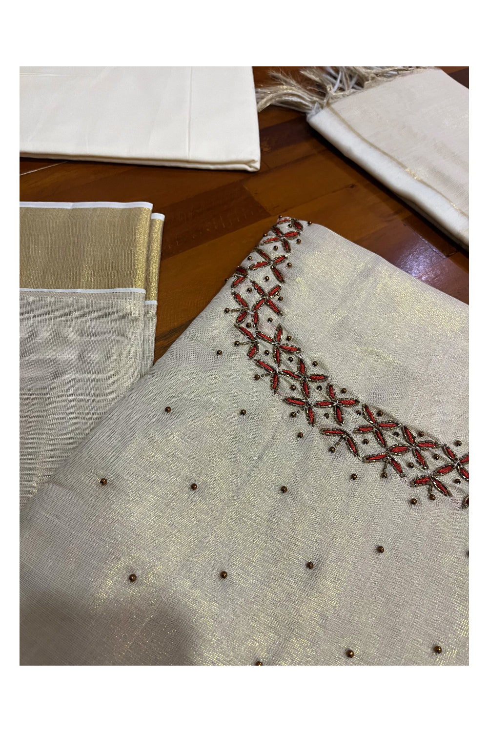 Kerala Tissue Churidar Salwar Material with Bead Work Designs (include Shawl / Dupatta)