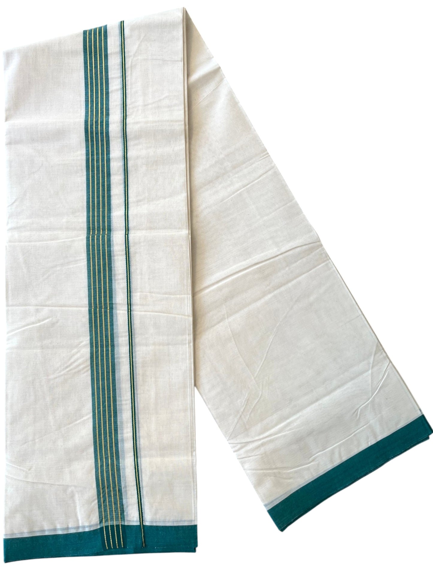 Southloom Pure Cotton Mundu with Golden Lines and Peacock Green Border (South Indian Kerala Dhoti)