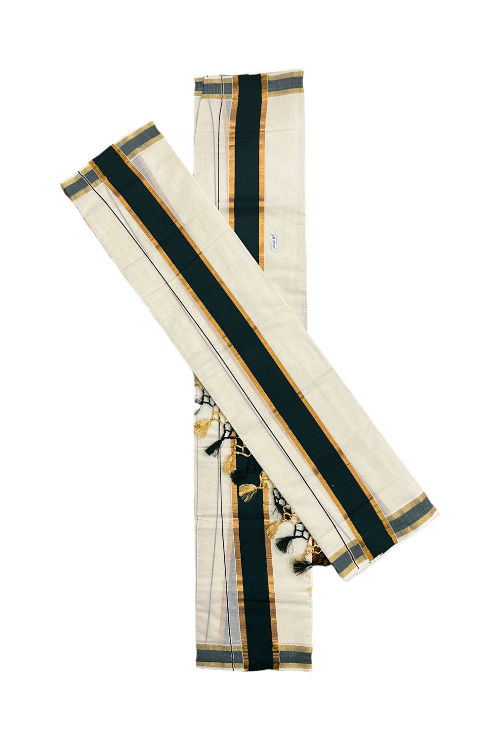 Cotton Kerala Set Mundu (Mundum Neriyathum) with Dark Green and Kasavu Border and Tassels