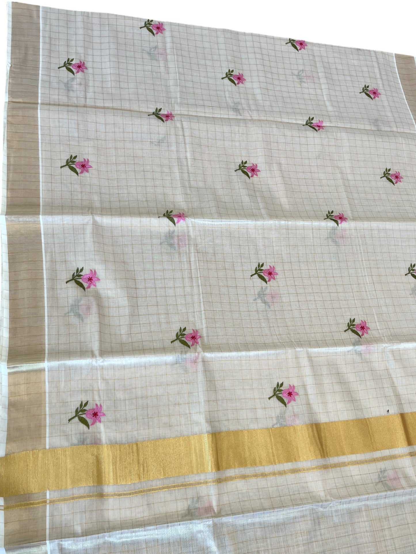 Southloom Kerala Tissue Kasavu Check Saree With Floral Embroidery Work