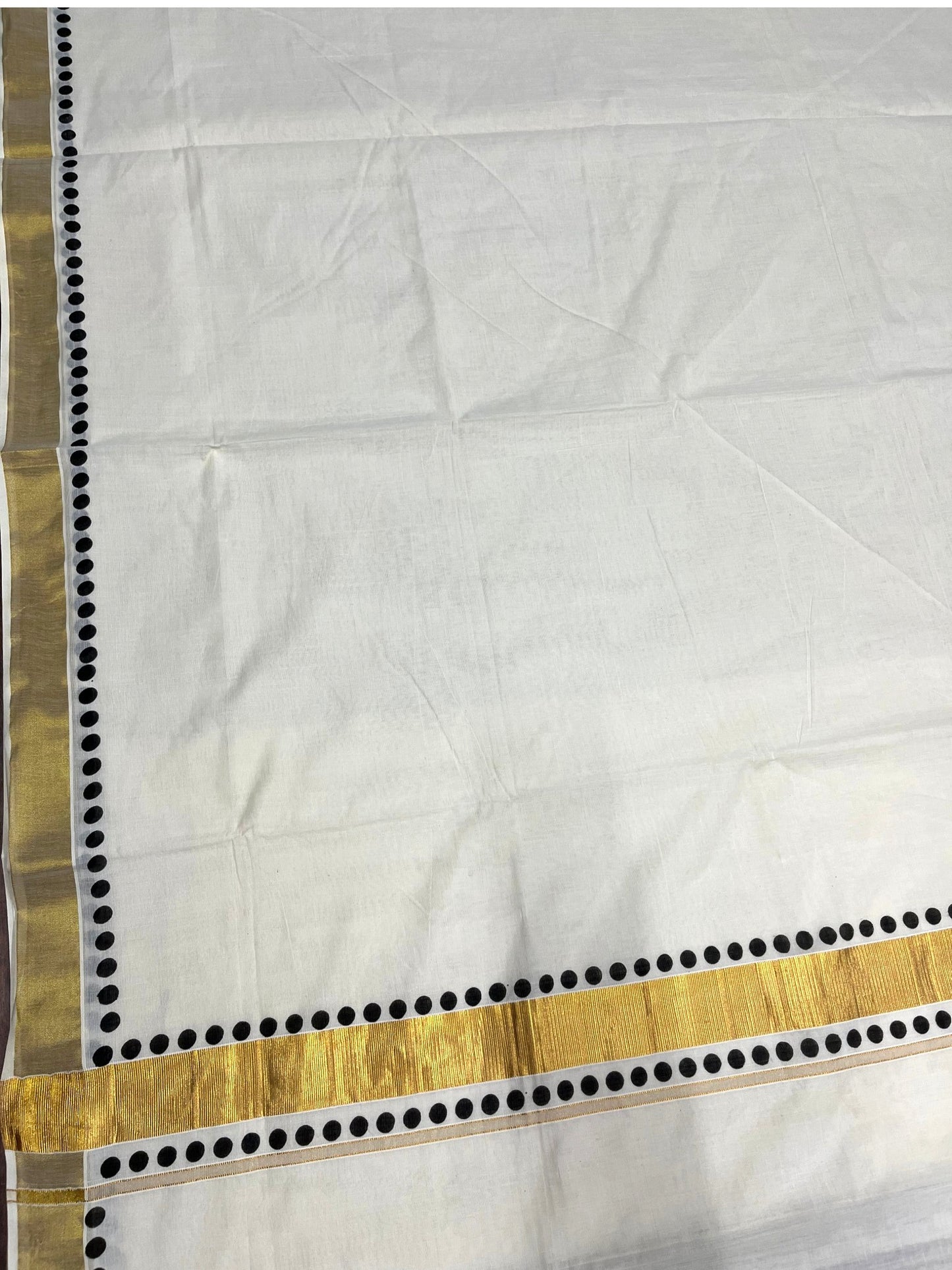 Southloom Cotton Kerala Kasavu Saree with Black Polk Dots Design Border