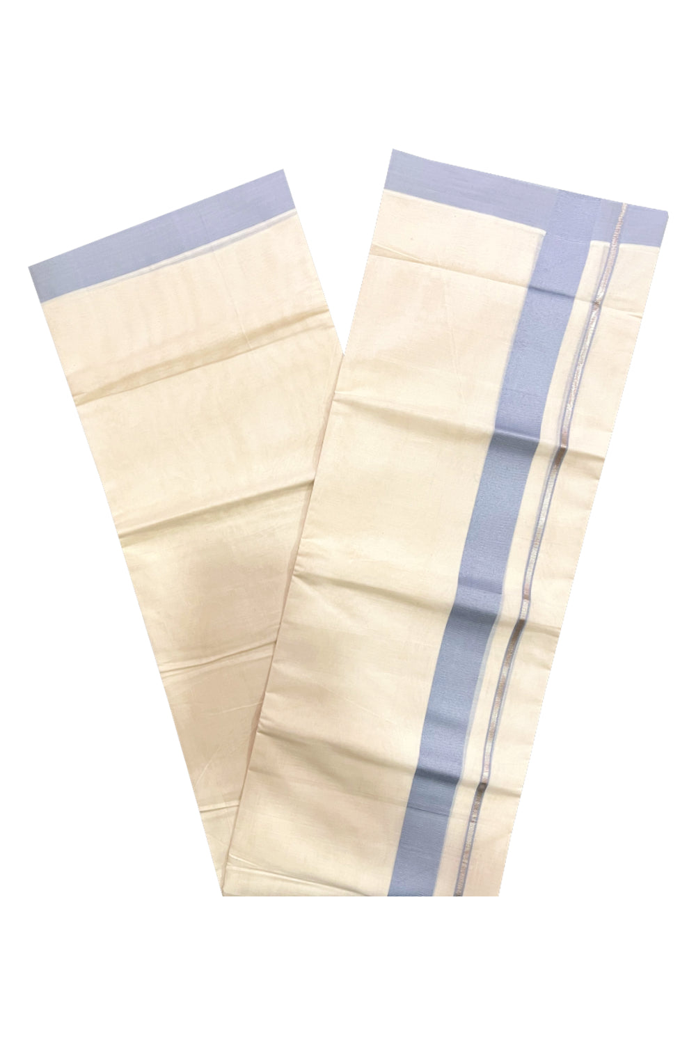 Pure Cotton Double Mundu with Silver Kasavu and Light Blue Border (South Indian Kerala Dhoti)