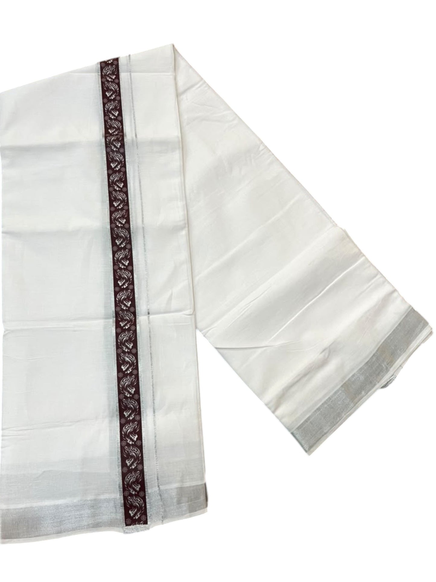 Southloom Pure White Cotton Mundu with Brown and Silver Kasavu Border (South Indian Kerala Dhoti)