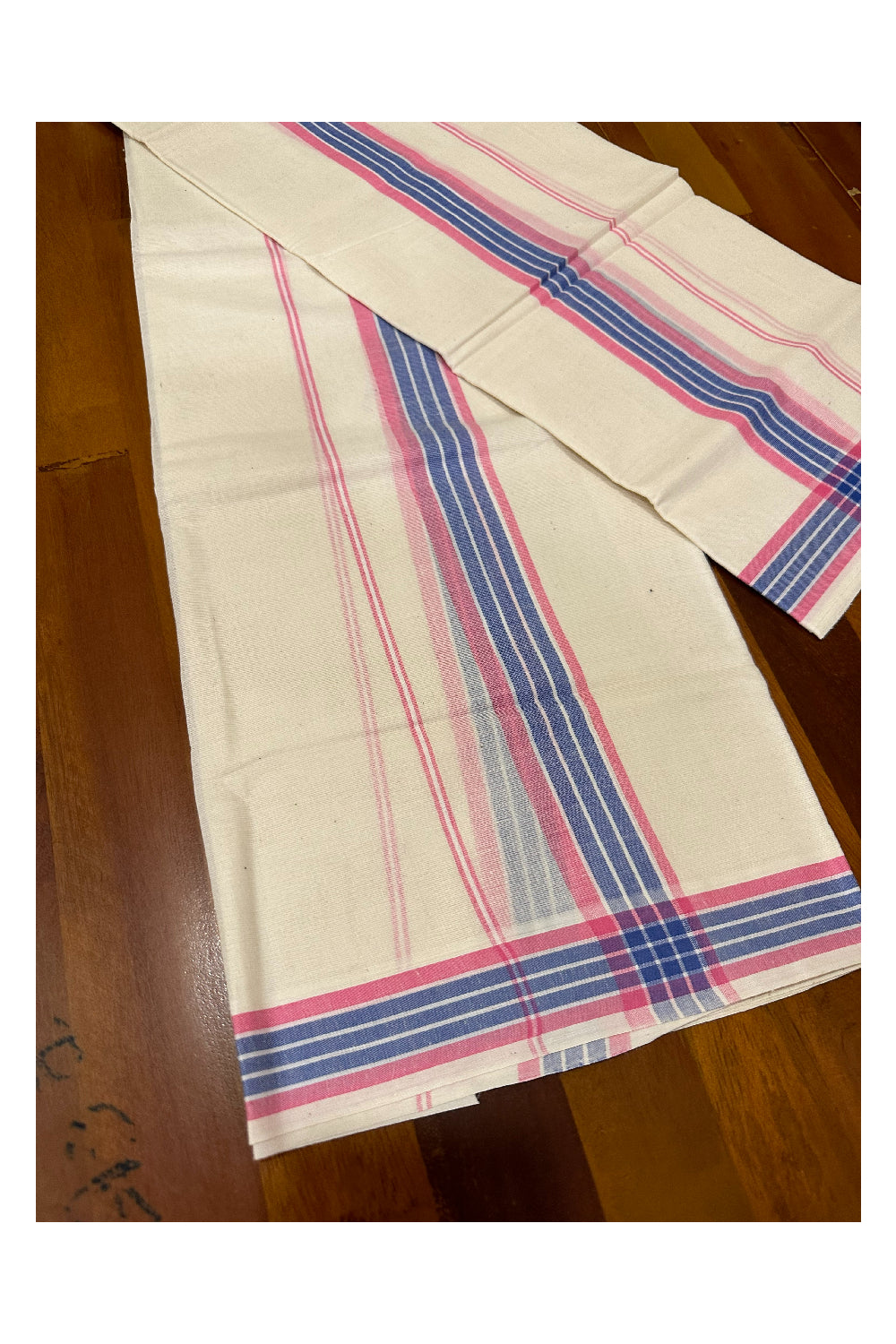 Kerala Mulloth Soft Cotton Mundum Neriyathum Single with Pink and Blue Border (Onam Set Mundu 2023)