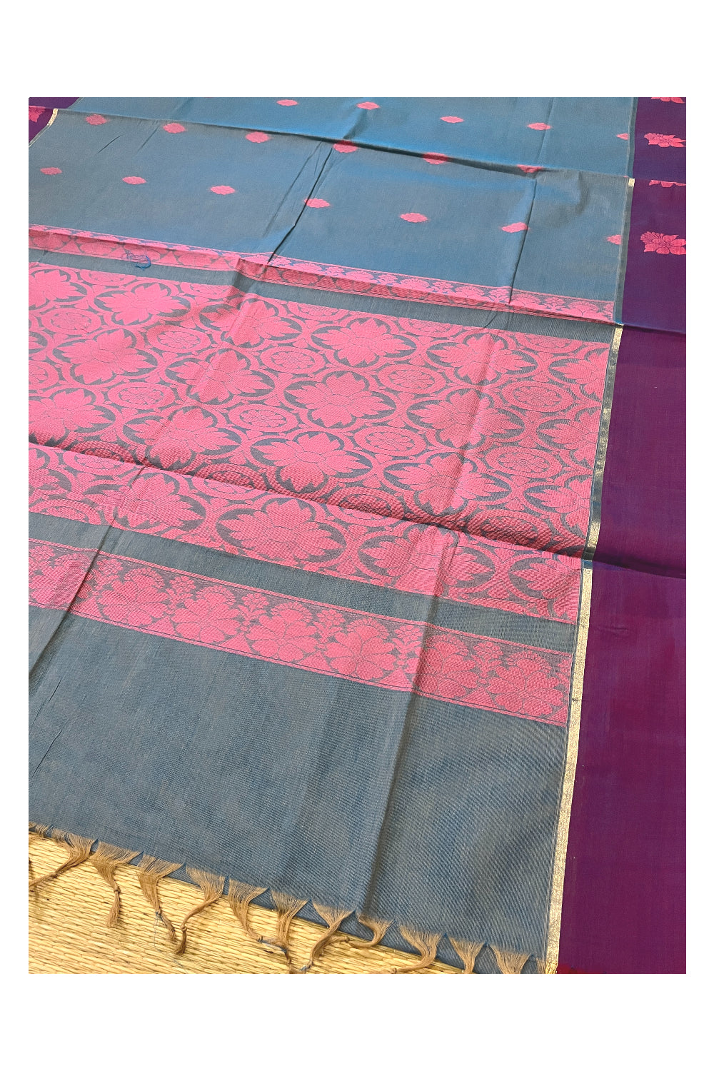 Southloom Cotton Blue Saree with Magenta Floral Woven Border