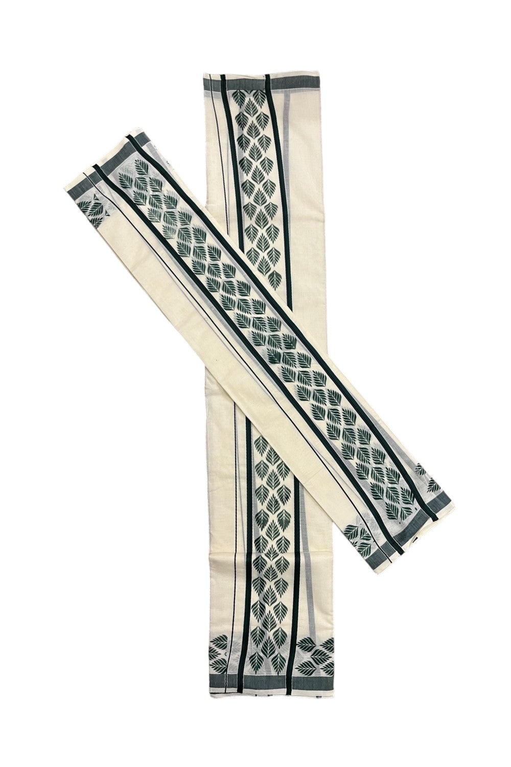 Kerala Cotton Single Set Mundu (Mundum Neriyathum) with Leaf Block Prints on Dark Green and Black Border