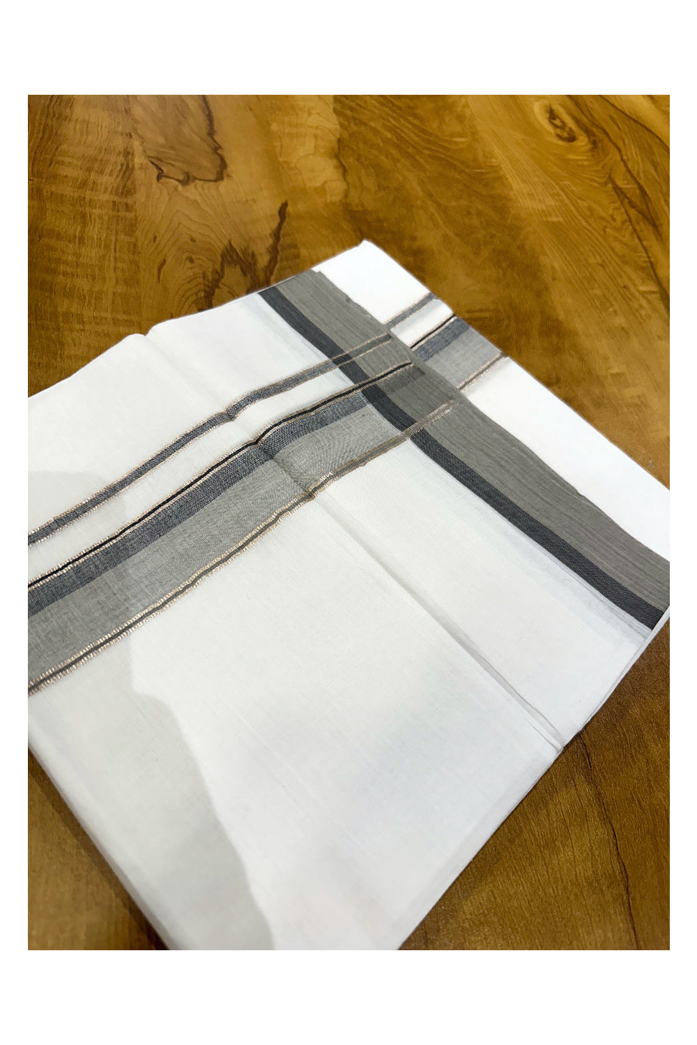 Pure White Cotton Double Mundu with Black Grey and Silver Kasavu Border (South Indian Kerala Dhoti)