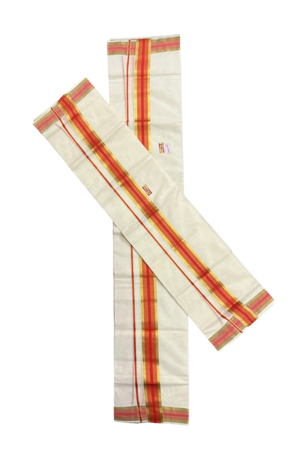 Kerala Cotton Set Mundu (Mundum Neriyathum) with Orange and Kasavu Border 2.80 Mtrs