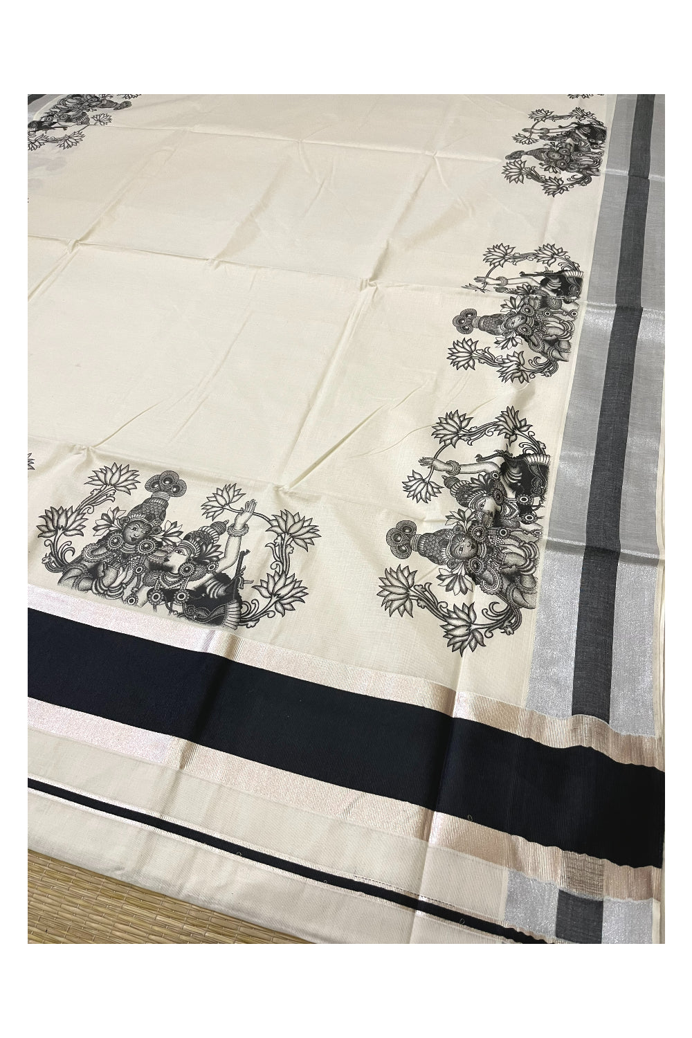 Pure Cotton Kerala Silver Kasavu Saree with Krishna Radha Mural Prints and Black Border (Onam Saree 2023)