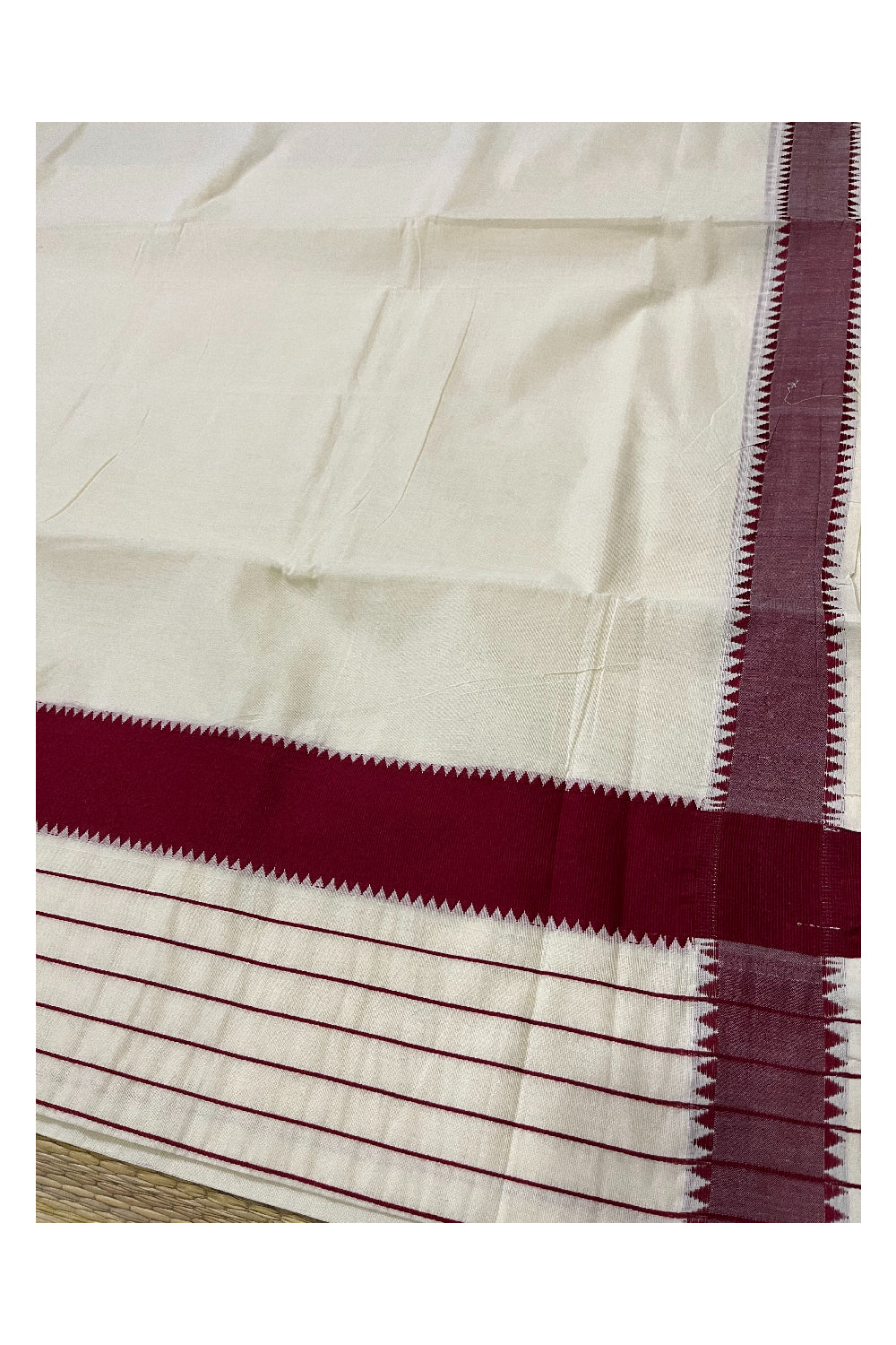 Kerala Cotton Saree with Maroon Temple Border and Lines Design on Pallu