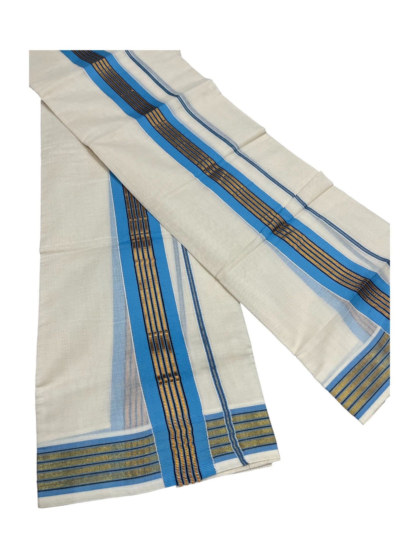 Kerala Cotton Kasavu  Set Mundu (Mundum Neriyathum) with Black and Gold Lines Blue Border(2.80)