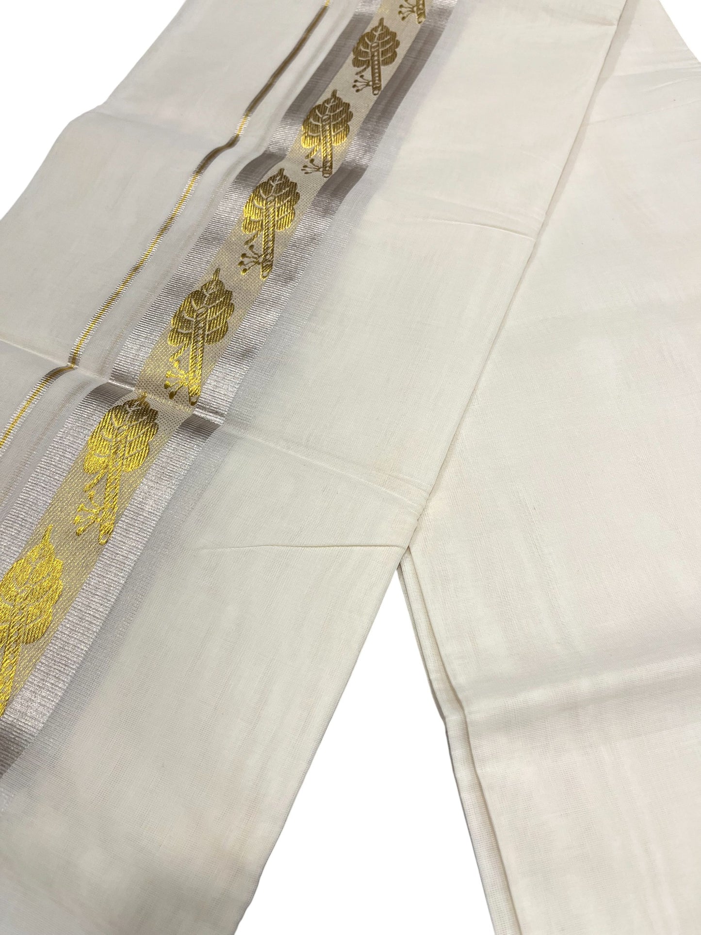 Southloom Premium Handloom Cotton Double Mundu with Gold And Woven Work Kasavu Border