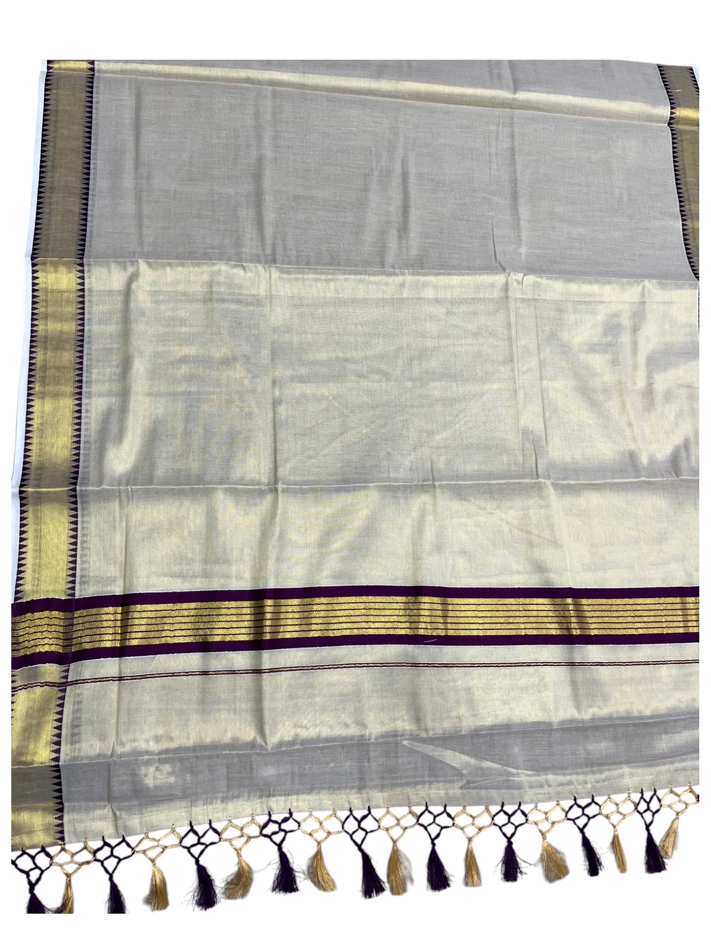 Southloom Kerala Tissue Kasavu Saree With Purple Temple Woven Works on Border SL365