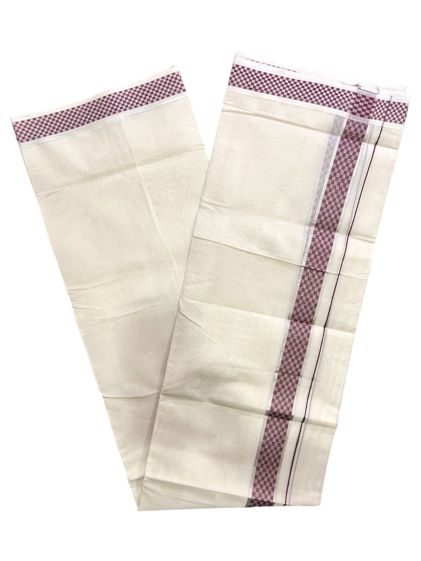 Kerala Pure Cotton Double Mundu with Silver Kasavu and Maroon Woven Border (Vishu 2024 Collection)