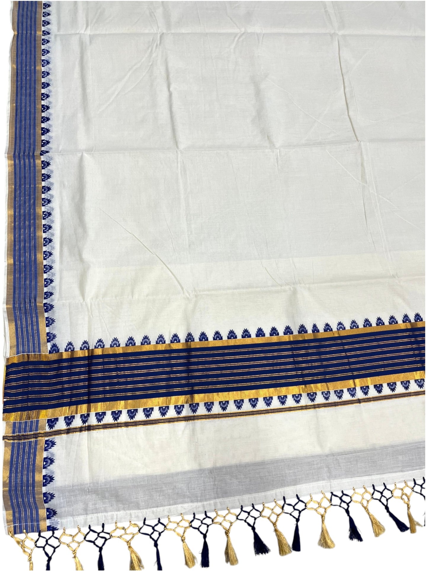 Southloom Cotton Kerala Kasavu Saree with Temple Design Border in Blue